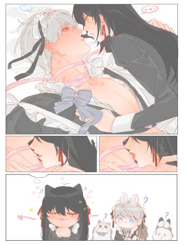 ... 1boy 1girl ? absurdres animal_ears apron assertive_female bite_mark bite_mark_on_neck black_dress black_hair blue_eyes border bow bowtie cat cat_ears couple crossdressing crossdressing_(mtf) dress drooling earrings gggg888xx grey_bow grey_bowtie grey_hair hair_between_eyes hand_on_another&#039;s_chest hetero highres jewelry kemonomimi_mode licking licking_another&#039;s_neck long_hair love_and_deepspace maid maid_apron maid_headdress mouth_drool neck_ribbon parted_lips pink_ribbon protagonist_(love_and_deepspace) rabbit rabbit_ears ribbon short_hair spoken_ellipsis white_border xavier_(love_and_deepspace)