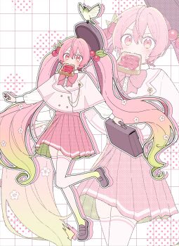 1girl absurdres bag bird blonde_hair blush bow bowtie bread bread_slice capelet cherry_blossoms cherry_hair_ornament commentary flower food food-themed_hair_ornament food_in_mouth full_body gradient_eyes gradient_hair gradient_thighhighs grid_background hair_between_eyes hair_flower hair_ornament hat hat_loss hatsune_miku highres holding holding_bag jam leg_up loafers long_hair long_sleeves looking_at_viewer mishio_(misio_40) mouth_hold multicolored_eyes multicolored_hair outline pink_bow pink_bowtie pink_capelet pink_eyes pink_hair pink_skirt pleated_skirt puffy_long_sleeves puffy_sleeves sakura_miku school_bag school_uniform shirt shoes sidelocks skirt solo standing standing_on_one_leg sweatdrop symbol-only_commentary thighhighs toast toast_in_mouth twintails two-sided_fabric two-sided_skirt two-tone_eyes two-tone_hair very_long_hair vocaloid white_outline white_shirt white_thighhighs yellow_eyes yellow_thighhighs zettai_ryouiki zoom_layer