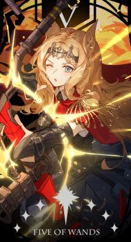 1girl :o absurdres aiming animal_ears archery_shooting_glove archetto_(arknights) arknights black_dress black_gloves blonde_hair blue_eyes bow_(weapon) cape card_(medium) collared_dress commentary compound_bow cowboy_shot dress epaulettes explosion explosion_background forehead gloves glowing glowing_weapon headpiece highres kotatsu_kaya long_hair looking_at_viewer one_eye_closed open_mouth parted_bangs partially_fingerless_gloves pleated_skirt red_cape skirt solo tarot weapon
