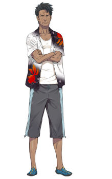 >:( 1boy adam's_apple black_hair child closed_mouth collarbone crossed_arms dark-skinned_male dark_skin fingernails fukuda_tomonori full_body game_cg gradient_clothes gradient_jacket hawaiian_shirt hidaka_hiromu jacket male_focus mature_male official_art open_clothes open_jacket robotics;notes science_adventure shirt short_hair short_sleeves simple_background standing straight-on tachi-e tank_top v-shaped_eyebrows very_short_hair white_background white_jacket white_tank_top