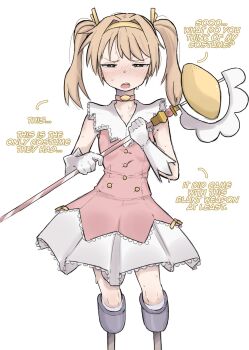 1girl amputee blonde_hair blush breasts double_amputee english_text food fruit hair_intakes highres holding holding_staff ibarazaki_emi katawa_shoujo lemon mage_staff magical_girl prosthesis prosthetic_leg simple_background small_breasts staff twintails white_background zlix0n