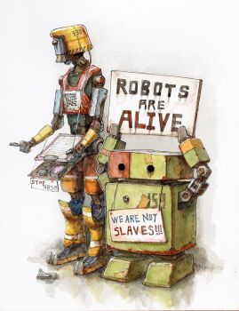 ._. clipboard english_text highres mechanical_arms mechanical_legs no_humans original protest qr_code robot sign tagme traditional_media tsuboi_hajime white_background