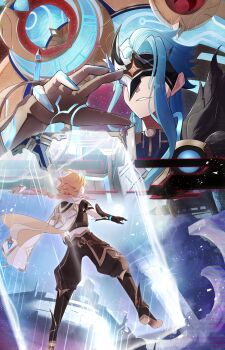 2boys absurdres aether_(genshin_impact) aqua_hair armor black_gloves blonde_hair boots braid braided_ponytail brown_boots brown_pants brown_shirt coat commentary_request cropped_shirt cube dottore_(genshin_impact) genshin_impact gloves highres knee_boots long_hair mask medium_hair multiple_boys pants parted_lips pauldrons scarf shirt shoulder_armor single_braid single_pauldron vambraces white_coat white_scarf zeroartwo
