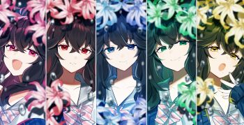 Rule 34 | 1girl, :d, :o, absurdres, black hair, blonde hair, blue eyes, blue flower, blue hair, blue shirt, blurry, blurry foreground, bow, closed mouth, depth of field, diagonal-striped bow, flower, green eyes, green flower, green hair, hair between eyes, highres, izumo kasumi (nijisanji), mole, mole under mouth, multicolored hair, multiple views, nijisanji, ninahachi, open mouth, pink bow, pink flower, purple eyes, purple flower, purple hair, red eyes, red hair, shirt, smile, striped bow, two-tone hair, virtual youtuber, yellow eyes, yellow flower