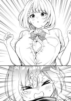 >_< 2girls absurdres amane_kanata amane_kanata_(1st_costume) blush bow bowtie bra bra_peek braid breasts bursting_breasts button_gap buttons cleavage collared_shirt commentary_request dress_shirt emphasis_lines greyscale hands_up highres hololive izumida_fuyuki large_breasts monochrome multiple_girls open_mouth parted_lips popped_button shirogane_noel shirogane_noel_(school_uniform) shirt short_hair short_sleeves striped_bow striped_bowtie striped_clothes underwear virtual_youtuber