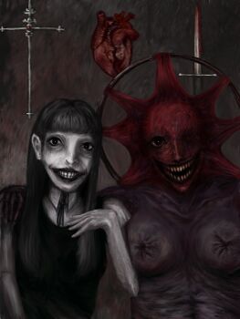 absurdres black_hair commentary evil_smile fear_&amp;_hunger_(series) fear_&amp;_hunger_2:_termina highres non-web_source samarie_(fear_&amp;_hunger) smile