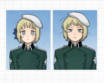 1boy 1girl axis_powers_hetalia beret blonde_hair blue_background blue_bow blue_eyes border bow brother_and_sister buttons checkered_border closed_mouth collared_jacket commentary_request cross cross_print empty_eyes green_jacket hair_bow half-closed_eyes hat highres jacket liechtenstein_(hetalia) long_sleeves looking_at_viewer mi_aph_to military military_hat military_jacket military_uniform short_hair siblings simple_background switzerland_(hetalia) upper_body white_border white_hat