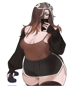 1girl 2026 artist_name black_shorts black_sweater black_thighhighs breasts brown_hair brown_shirt chaichne chaimera_(chaichne) cleavage collarbone commentary controller cowboy_shot dolphin_shorts english_commentary female_focus glasses hair_over_one_eye highres holding holding_controller long_hair long_sleeves multicolored_hair original plump purple_eyes shirt shorts sleeves_past_wrists sleveless_shirt solo spaghetti_strap streaked_hair sweater thick_thighs thighhighs thighs white_background white_hair white_trim