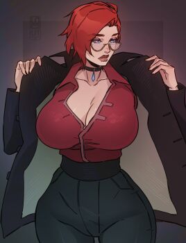 1girl absurdres black_choker black_coat blue_eyes breasts choker cleavage coat curvy glasses highres large_breasts looking_to_the_side loqu1t mature_female open_clothes open_coat original pants red_hair red_shirt shirt short_hair solo standing tight_clothes tight_pants wide_hips