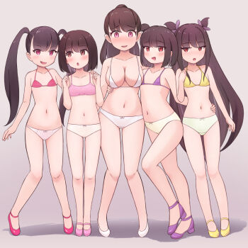 5girls arm_around_waist black_hair blush bow bow_panties bra breasts brown_eyes brown_hair cleavage collarbone crotch_seam flat_chest grey_background hair_ribbon kai_ooo1 large_breasts loli long_hair looking_at_viewer looking_to_the_side multiple_girls navel open_mouth original panties pink_bow pink_bra pink_eyes pink_panties pink_shoes ponytail purple_bra purple_ribbon purple_shoes red_bra red_eyes red_shoes ribbon shoes short_hair smile standing twintails underwear white_bow white_bra white_panties white_shoes yellow_bow yellow_bra yellow_panties yellow_shoes