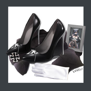 1girl artist_name bar_censor black_footwear black_thighhighs border breasts censored censored_identity cleavage cross crossed_legs curled_horns drawing_(object) gloves grey_border grey_hair high_heels highres holding holding_photo horns iron_cross large_breasts long_hair mechanical_horns photo_(object) picture_frame portrait_(object) purple_hair shoes simple_background sitting solo stiletto_heels thighhighs unworn_shoes white_background white_gloves xnnagu