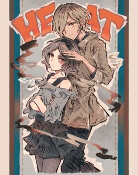 Rule 34 | 2girls, black hairband, black pants, black pantyhose, black skirt, brown eyes, brown hair, brown jacket, closed mouth, commentary, crossed arms, ebizuka tomo, frilled skirt, frills, girls band cry, grey hair, hairband, height difference, highres, jacket, looking at viewer, multiple girls, off-shoulder shirt, off shoulder, pants, pantyhose, red eyes, revision, rupa (girls band cry), shirt, short hair, skirt, yukitake (bullfalk)