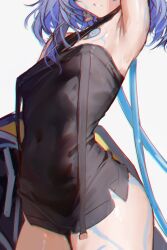 Rule 34 | 1girl, absurdres, arm up, armpits, black jacket, blue hair, breasts, covered navel, dress, grey hair, highres, hip tattoo, indie virtual youtuber, jacket, light blue hair, naokomama, out of frame, sayu sincronisity, short hair, simple background, small breasts, solo, virtual youtuber, white background