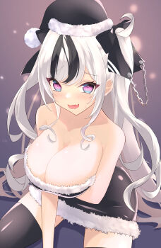 absurdres ariariaria22 arm_under_breasts azur_lane black_hair black_ribbon black_thighhighs blush body_blush breasts cleavage commentary_request elbe_(azur_lane) fang hair_ribbon hat highres looking_at_viewer multicolored_hair open_mouth pink_eyes ribbon santa_costume santa_hat sidelocks sitting skin_fang streaked_hair thighhighs twintails two-tone_hair white_hair