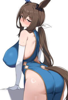 1girl absurdres admire_vega_(umamusume) alternate_costume animal_ears ass blush breasts china_dress chinese_clothes closed_mouth dress dush_1154 elbow_gloves from_behind gloves highres horse_ears horse_girl horse_tail large_breasts looking_at_viewer looking_back pink_eyes simple_background tail textless_version umamusume white_background white_gloves