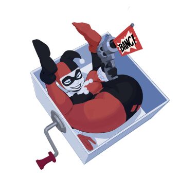 1girl amugea arm_up ass batman_(series) black_bodysuit black_lips black_shoes bodysuit box breasts dc_comics domino_mask eye_mask full_body gloves green_eyes gun harley_quinn harley_quinn_(classic) hat highres holding holding_gun holding_weapon jack-in-the-box jester jester_cap makeup mask medium_breasts multicolored_bodysuit red_bodysuit red_shoes shoes simple_background solo teeth weapon white_background