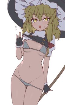 1girl bikini bikini_pull black_gloves black_hat blonde_hair blush bow breasts brown_eyes cachemerro clothes_pull fingerless_gloves gloves grey_bikini hair_bow hat kirisame_marisa long_hair medium_breasts micro_bikini navel red_bow short_sleeves simple_background smile solo swimsuit teasing touhou white_background witch_hat