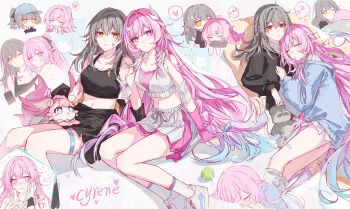 2girls absurdres alternate_costume ball baseball_cap black_shirt blue_jacket blush braid breasts character_name chinese_commentary closed_eyes commentary_request crop_top cyrene_(demiurge)_(honkai:_star_rail) cyrene_(honkai:_star_rail) grey_hair hair_ornament hat heart highres honkai:_star_rail honkai_(series) jacket long_hair looking_at_viewer medium_breasts mem_(honkai:_star_rail) midriff multiple_girls navel pink_eyes pink_hair shirt shorts sitting sleeping smile spoken_heart sportswear stelle_(honkai:_star_rail) stuffed_animal stuffed_toy tennis_ball tennis_uniform trailblazer_(honkai:_star_rail) very_long_hair white_shorts yajuu yellow_eyes zzz