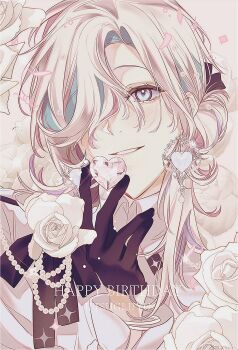 Rule 34 | 12 myurume, 1boy, androgynous, bishounen, black gloves, black ribbon, blue hair, blush, bracelet, character name, collared shirt, earrings, english text, flower, gem, gloves, hair over one eye, hair ribbon, hair rings, happy birthday, heart, heart-shaped gem, heart earrings, highres, holding, holding gem, holostars, jewelry, long hair, long sleeves, low ponytail, male focus, multicolored hair, pearl (gemstone), pearl hair ornament, pink hair, ponytail, portrait, ribbon, rose, shirt, single hair ring, smile, solo, utsugi uyu, virtual youtuber, white eyes, white flower, white hair, white rose, white shirt