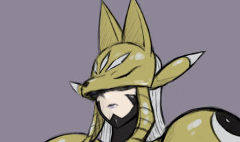 1girl armor commentary_request digimon digimon_(creature) fox_mask grey_background grey_hair long_hair mas_square mask purple_lips sakuyamon shoulder_armor simple_background solo thumbnail_collage upper_body