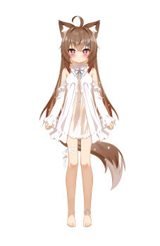 1girl animal_ear_fluff animal_ears babydoll bare_legs bare_shoulders barefoot blush breasts brown_hair covered_navel embarrassed feet frills full_body highres leg_ribbon long_hair navel original panties purple_eyes ribbon see-through_clothes small_breasts star-shaped_pupils star_(symbol) symbol-shaped_pupils tail thigh_ribbon thighs toes underwear white_panties zds