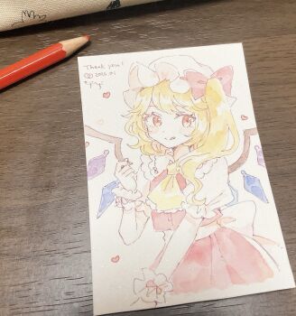 1girl :q art_tools_in_frame ascot back_bow blonde_hair bow collared_shirt commentary_request crystal crystal_wings dated flandre_scarlet frilled_shirt_collar frills hat highres mob_cap mozukuzu_(manukedori) multicolored_wings one_side_up photo_(medium) puffy_short_sleeves puffy_sleeves red_eyes red_skirt red_vest shirt short_sleeves skirt skirt_set solo tongue tongue_out touhou traditional_media translation_request vest white_bow white_hat white_shirt wings wrist_cuffs yellow_ascot