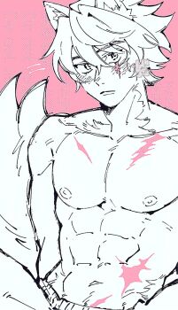 1boy abs animal_ears blush commentary_request dog_boy dog_ears dog_tail gogogalar highres komano_manato looking_at_viewer male_focus muscular muscular_male pectoral_cleavage pectorals pink_background scar scar_on_chest scar_on_face tail tail_wagging zenless_zone_zero