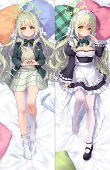1girl apron bed_sheet black_dress black_shoes blazer blue_archive blush bow breasts brown_eyes cleavage closed_mouth collared_shirt commentary_request dakimakura_(medium) diagonal-striped_bow dress dress_shirt frilled_apron frilled_sleeves frills green_bow green_hair green_jacket grey_skirt hair_between_eyes hair_bow halo heart heart-shaped_pillow heart_hands highres jacket juliet_sleeves long_hair long_sleeves lying maid maid_headdress medium_breasts miyo_(blue_archive) multiple_views no_shoes on_back open_clothes open_jacket pantyhose pillow poppy_(poppykakaka) puffy_sleeves shirt shoes single_shoe skirt smile sock_pull socks striped_bow sweater_vest very_long_hair white_apron white_bow white_pantyhose white_shirt white_socks