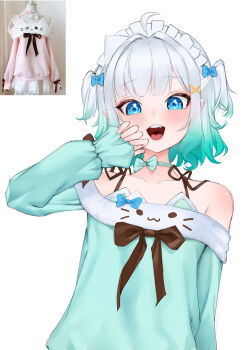 1girl absurdres bare_shoulders blue_eyes bow choker commentary densetsu.exe dress english_commentary gradient_hair green_hair hair_bow hair_ornament highres lunarisbloom maid_headdress mint_fantome multicolored_hair open_mouth ribbon short_hair short_twintails strapless strapless_dress triangular_headpiece twintails virtual_youtuber white_hair x_hair_ornament