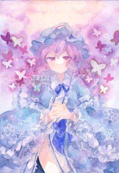 1girl 2zuz4hru blue_hat blue_kimono blue_ribbon blush bug butterfly center_frills commentary floral_print frilled_hat frilled_sailor_collar frilled_sleeves frills hat highres insect interlocked_fingers japanese_clothes kimono long_sleeves looking_at_viewer mob_cap neck_ribbon own_hands_together painting_(medium) pink_butterfly pink_eyes pink_hair ribbon saigyouji_yuyuko sailor_collar short_hair smile solo thighs touhou traditional_media triangular_headpiece twitter_username watercolor_(medium) white_butterfly white_sailor_collar wide_sleeves