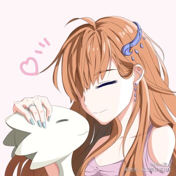 1girl ahoge bare_shoulders blue_nails closed_eyes closed_mouth clothing_cutout creature dress earrings gen_2_pokemon hair_ornament hair_over_one_eye headpat jewelry long_hair mermaid_misty_(pokemon) misty_(pokemon) nail_polish nintendo orange_hair pokemon pokemon_(anime) pokemon_(classic_anime) pokemon_(creature) pokemon_rgby ring shoulder_cutout simple_background smile togetic upper_body