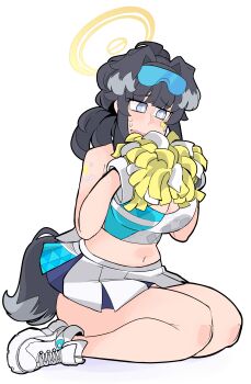 1girl absurdres animal_ears black_hair blue_archive blush breasts cheerleader commentary dog_ears dog_girl dog_tail goggles goggles_on_head halo hibiki_(blue_archive) hibiki_(cheer_squad)_(blue_archive) highres holding holding_pom_poms long_hair millennium_cheerleader_outfit_(blue_archive) navel official_alternate_costume open_mouth pom_pom_(cheerleading) pom_poms shoes simple_background skirt solo star_(symbol) star_sticker sticker sticker_on_arm sticker_on_face tail two_handy white_background white_shoes yellow_halo