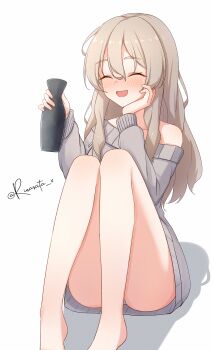 1girl aticsanir closed_eyes commentary_request convenient_leg dress drunk feet_out_of_frame grey_dress grey_hair hair_between_eyes highres kantai_collection long_hair off-shoulder_dress off-shoulder_sweater off_shoulder official_alternate_costume one-hour_drawing_challenge pola_(kancolle) pola_(saury_festival)_(kancolle) simple_background smile solo sweater sweater_dress tokkuri twitter_username white_background