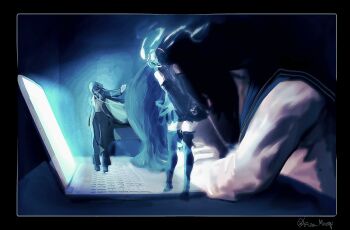 3girls absurdres ado_(utaite) aged_down aqua_hair black_thighhighs chando_(ado) commentary_request computer dual_persona hatsune_miku highres kiza_minegi laptop long_hair mini_person multiple_girls school_uniform serafuku shirt thighhighs utaite vocaloid white_shirt