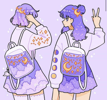 2girls arrow_hair_ornament backpack bag bag_charm charm_(object) constellation cowboy_shot crescent crescent_earrings crescent_hair_ornament crescent_moon earrings emily_kim gradient_hair hair_ornament hand_in_own_hair hand_up jewelry liquid long_hair looking_at_viewer looking_back moon moon_phases multicolored_hair multiple_girls original patterned_hair print_shirt print_skirt purple_background purple_clouds purple_eyes purple_hair purple_shirt purple_skirt purple_sky purple_theme purple_thighhighs see-through_bag shirt short_hair skirt sky sky_print smile sparkle star_(sky) thighhighs v xiangyun