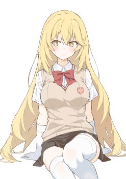 1girl absurdres black_skirt blonde_hair bow bowtie breasts brown_sweater_vest closed_mouth collared_shirt commentary_request elbow_gloves gloves hair_between_eyes highres large_breasts light_blush long_hair looking_to_the_side matsuokalive10 miniskirt pleated_skirt red_bow red_bowtie school_emblem school_uniform shirt shokuhou_misaki short_sleeves sitting skirt sparkling_eyes summer_uniform sweatdrop sweater_vest thighhighs toaru_kagaku_no_mental_out toaru_kagaku_no_railgun toaru_majutsu_no_index tokiwadai_school_uniform v-neck very_long_hair white_background white_gloves white_shirt white_thighhighs yellow_eyes