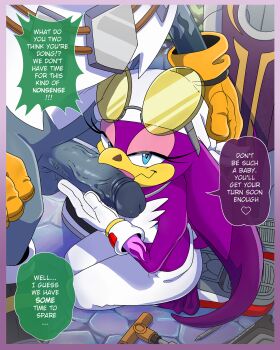 1girl 2boys bandana beak bird_boy bird_girl blue_eyes colored_skin fellatio furry gloves hand_on_another&#039;s_head hecticarts hetero highres jet_the_hawk kneeling licking licking_penis looking_at_viewer midriff multiple_boys oral penis penis_grab purple_skin sega size_difference smile sonic_(series) sonic_riders_(series) speech_bubble storm_the_albatross sunglasses sunglasses_on_head tongue wave_the_swallow