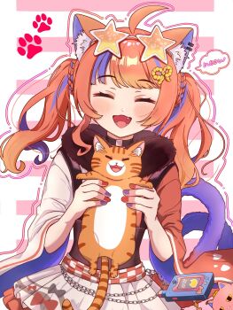 1girl ahoge animal animal_ear_fluff animal_ear_piercing animal_ears apron asymmetrical_sleeves black_choker blue_eyes blue_hair blue_nails blush braid cat cat_ears cat_girl cat_tail cellphone cellphone_charm chain charm_(object) checkered_clothes choker closed_mouth cowboy_shot eyewear_on_head fang frilled_skirt frills fur_collar gradient_hair gradient_tail hair_ornament highres holding holding_animal holding_cat japanese_clothes kimono kimono_skirt layered_skirt long_hair looking_at_viewer meowing mismatched_sleeves multicolored_hair multicolored_kimono multicolored_nails multiple_tails nail_polish nekomata nekoyashiki_miku nijisanji obi omochi1555 open_mouth orange-tinted_eyewear orange_hair outside_border paw_print paw_print_background phone pillarboxed pink_background red_hair red_kimono red_nails rope sash shimenawa skirt smile solo speech_bubble standing star-shaped_eyewear star_(symbol) streaked_hair striped_background stuffed_animal stuffed_cat stuffed_toy sunglasses tail tinted_eyewear twintails twintails_with_braided_base two_tails virtual_youtuber waist_apron white_apron white_background white_kimono wide_sleeves