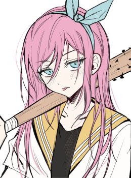 1girl aubrey_(faraway)_(omori) aubrey_(omori) baseball_bat blue_eyes blue_hairband blush collarbone commentary_request ear_piercing hairband highres holding holding_baseball_bat jacket korean_commentary long_hair looking_at_viewer nail_(hardware) nail_bat omori open_clothes open_jacket piercing pink_hair sidelocks simple_background solo tongue tongue_out upper_body white_background white_jacket wktdms1