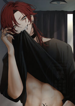 1boy absurdres black_choker black_shirt choker commentary ear_piercing english_commentary fangs finger_tattoo green_eyes grin highres indoors long_hair looking_at_viewer male_focus niwa281610 original piercing red_hair shirt smile solo spike_piercing tattoo teeth