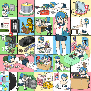 1girl :o album_cover ankle_socks arawi_keiichi bag battery bed black_cat blue_bag blue_eyes blue_hair blue_sailor_collar blue_skirt book book_stack bookshelf boombox bottle bowl brown_dog bush camera cassette_tape cat cd cd_case cd_player chabudai chair charm_(object) chopsticks clock closed_eyes closed_mouth collage colorful colorful_background computer computer_keyboard computer_tower controller cover crt crying cup instant_cup_noodles cushion daruma_doll desk desk_lamp digital_camera dj_kazu dog dogeza eraser game_console game_controller hand_on_headphones hands_on_headphones hands_on_own_knees headphones highres holding holding_book holding_camera holding_chopsticks holding_controller holding_game_controller holding_pen instant_cup_noodles instant_noodles knees_to_chest knees_up lamp laptop listening_to_music looking_down looking_up lying magical_girl monitor mug multiple_views neckerchief no_shoes office_chair open_book original pen pencil pencil_case phonograph pile_of_books pillow pink_sweater playing_games poster_(object) radio red_neckerchief rubber_duck sailor_collar school_bag school_uniform seiza serafuku shirt short_hair shoulder_bag sidelocks sitting skirt sleeping sleeping_animal smile socks standing sticker stone_wall studying summer_uniform surprised sweater swivel_chair table taking_picture trash_can treasure_chest turntable typing vinyl_record walkman wall_clock water_bottle white_cat white_rabbit_(animal) white_shirt white_socks zabuton