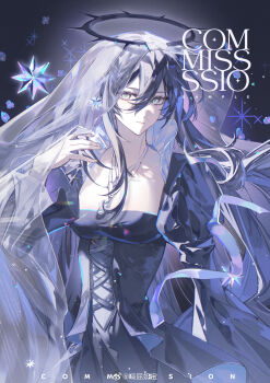 1girl absurdres black_dress black_hair breasts closed_mouth dress gepinaibao hair_between_eyes halo hand_up highres jewelry long_hair long_sleeves looking_at_viewer medium_breasts original puffy_sleeves see-through_clothes sensitive solo veil