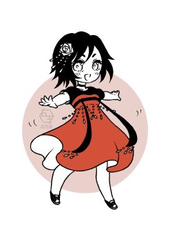 1girl absurdres black_hair chibi chinese_clothes dress fatrabbitr flower hair_flower hair_ornament hanfu highres open_mouth outstretched_arms qixiong_ruqun rose ruby_rose ruqun rwby rwby_chibi shoes short_hair smile sneakers solo white_eyes white_flower white_rose