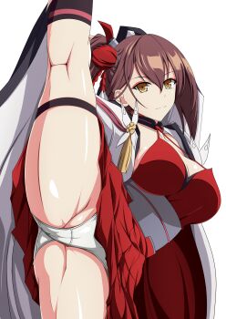1girl absurdres azur_lane breasts brown_eyes brown_hair cleavage collarbone commentary_request eyeshadow hair_between_eyes hair_ornament highres japanese_clothes large_breasts long_hair long_sleeves looking_at_viewer makeup makiri_akira panties ponytail shiny_skin simple_background solo split standing standing_on_one_leg standing_split thigh_strap thighs underwear white_background white_panties wide_sleeves zuikaku_(azur_lane)