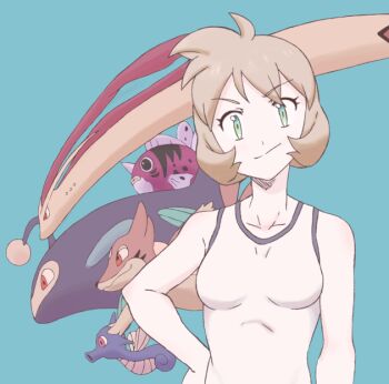 1girl bare_legs bare_shoulders breasts cowboy_shot floatzel gen_1_pokemon gen_2_pokemon gen_3_pokemon gen_4_pokemon green_eyes horsea lanturn legs looking_at_viewer milotic misty_(pokemon) nintendo nomura_(buroriidesu) one-piece_swimsuit orange_hair pokemon pokemon_(creature) pokemon_hgss seaking simple_background smile swimsuit white_one-piece_swimsuit