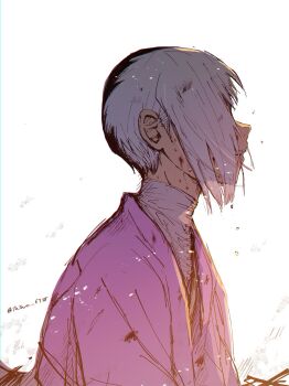 1boy asagiri_gen blood blood_on_face bruise bruise_on_face dr._stone from_side hair_over_eyes hair_over_one_eye highres injury japanese_clothes kimono male_focus multicolored_hair nervous_smile profile short_hair simple_background smile solo tatara_5738 twitter_username two-tone_hair upper_body white_background white_hair