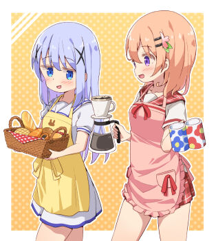 2girls apron basket blue_eyes blue_hair blush bread coffee_mug coffee_pot cup flower food gochuumon_wa_usagi_desu_ka? hair_flower hair_ornament highres hoto_cocoa kafuu_chino long_hair looking_to_the_side miniskirt mohei mug multiple_girls open_mouth orange_hair plaid_clothes plaid_skirt pleated_skirt polka_dot polka_dot_background purple_eyes sailor_collar school_uniform serafuku short_hair short_sleeves simple_background skirt standing x_hair_ornament