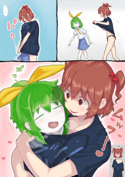 Rule 34 | 2girls, ascot, black panties, blue eyes, blue shirt, blue skirt, blush, bow, breasts, closed eyes, commentary request, cookie (touhou), daiyousei, diyusi (cookie), green hair, hair bobbles, hair bow, hair ornament, highres, large breasts, man (man-room), multiple girls, onozuka komachi, open mouth, panties, ponytail, red eyes, red hair, shared shirt, shirt, shishou (cookie), short hair, skirt, smile, touhou, two side up, underboob, underwear, upper body, white shirt, yellow ascot, yellow bow