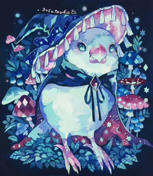 acrylic_paint_(medium) animal animal_focus argyle artist_name bird black_cape blank_eyes blue_bow bow brooch budgerigar_(bird) cape closed_mouth clothed_animal crescent crystal diamond_(shape) full_body gem grass green_eyes green_headwear hat hat_bow highres java_sparrow jewelry looking_at_viewer mushroom no_humans original painting_(medium) plant red_gemstone signature standing star_(symbol) susutouka tassel traditional_media two-sided_cape two-sided_fabric white_java_sparrow wizard_hat