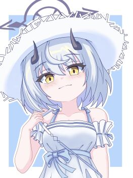1girl blue_archive blue_background border breasts closed_mouth commentary_request demon_girl demon_horns dress grey_hair grey_halo halo hand_up hat highres holding_strap horns large_breasts looking_at_viewer medium_hair outline outside_border sangaku_(braxblakinoko) sena_(blue_archive) sena_(casual)_(blue_archive) simple_background sleeveless sleeveless_dress smile solo sun_hat sundress white_border white_dress white_hat white_outline yellow_eyes